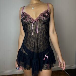 Vintage 00s sheer floral embroidered mini dress (M/L) coquette ballet kawai